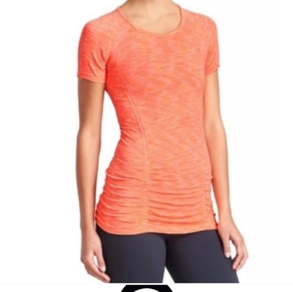 Athleta Fastest Track Short Sleeve Orange Ruched Athletic Top Crew Neck Size M